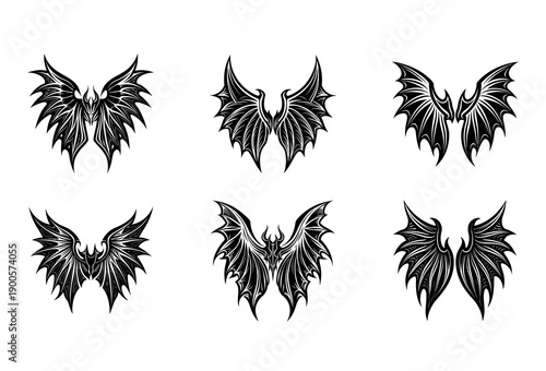 Collection of Six Distinct Black Stylized Bat Wings and Dragon Wings in a Grid Layout on a White Background Tattoo and