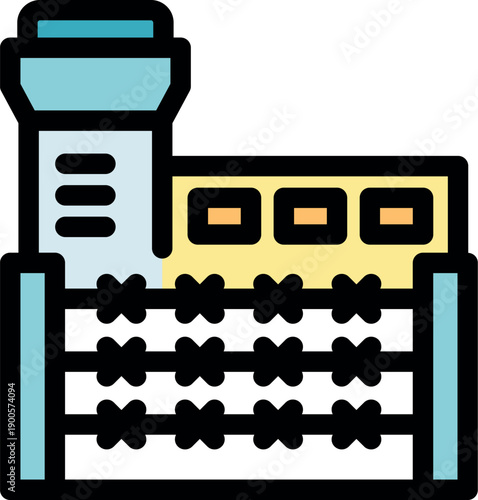 Colorful illustration of a prison with barbed wire and a guard tower