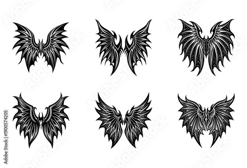 A collection of six distinct black and white of stylized wings, featuring a range of from feathered angelic to sharp, spiky demonic and dragon-like forms, all with detailed linework and presented