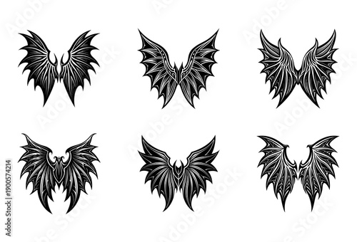 A set of six black and white depicting various stylized wings, including feathered angelic types and sharp, jagged demonic or dragon-like forms, all rendered with intricate detail and presented on
