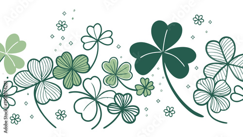 Seamless abstract green floral background featuring a vector pattern of leaves, clover plants, and spring blossoms for a nature-inspired textile wallpaper design