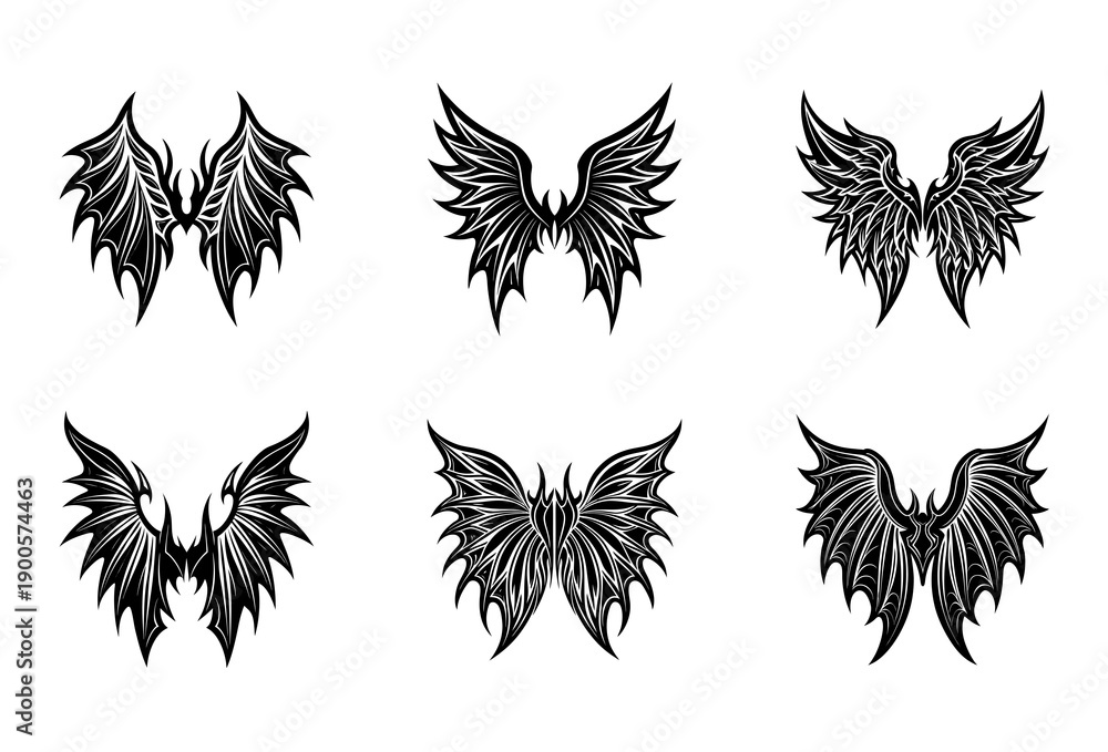 Obraz premium Six distinct black tribal wing arranged in two rows of three on a white background each featuring unique feather patterns and sharp edges suggesting a gothic or fantasy aesthetic tattoo or