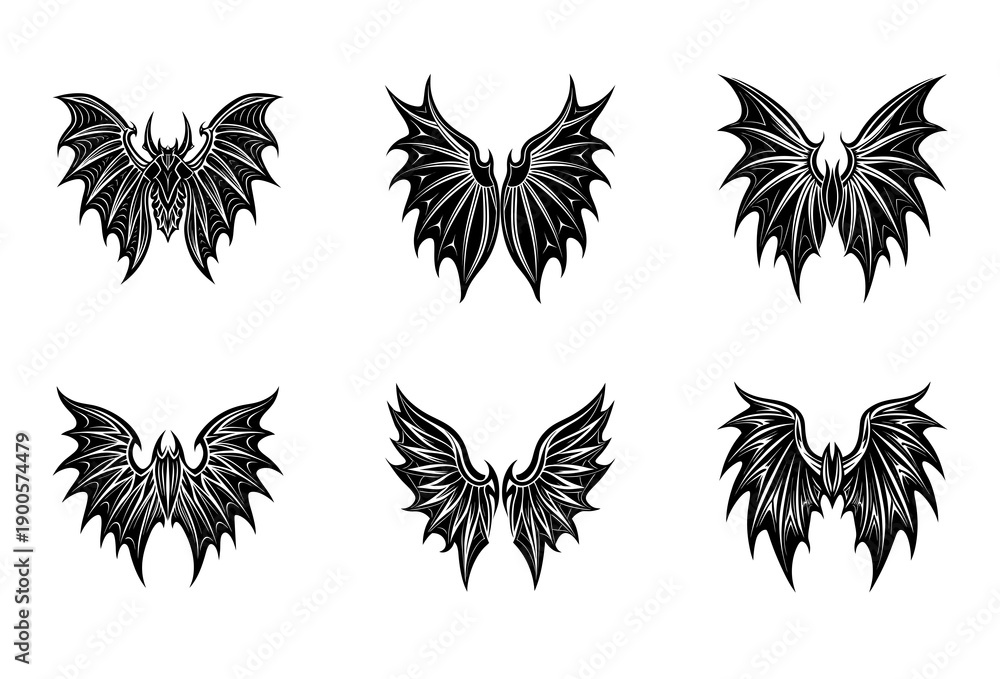 Obraz premium Collection of Six Black Stylized Wing Featuring Different and Textures Arranged in a Two-Column Grid on a White Background