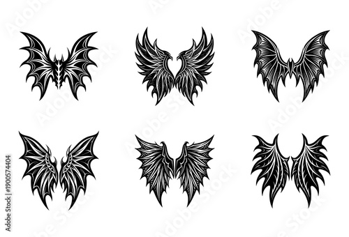 Assortment of Six Black Wing Silhouettes Featuring Elaborate Feather Work and Sharp Edges in a Grid Layout on a White Background for Tattoo and Inspiration