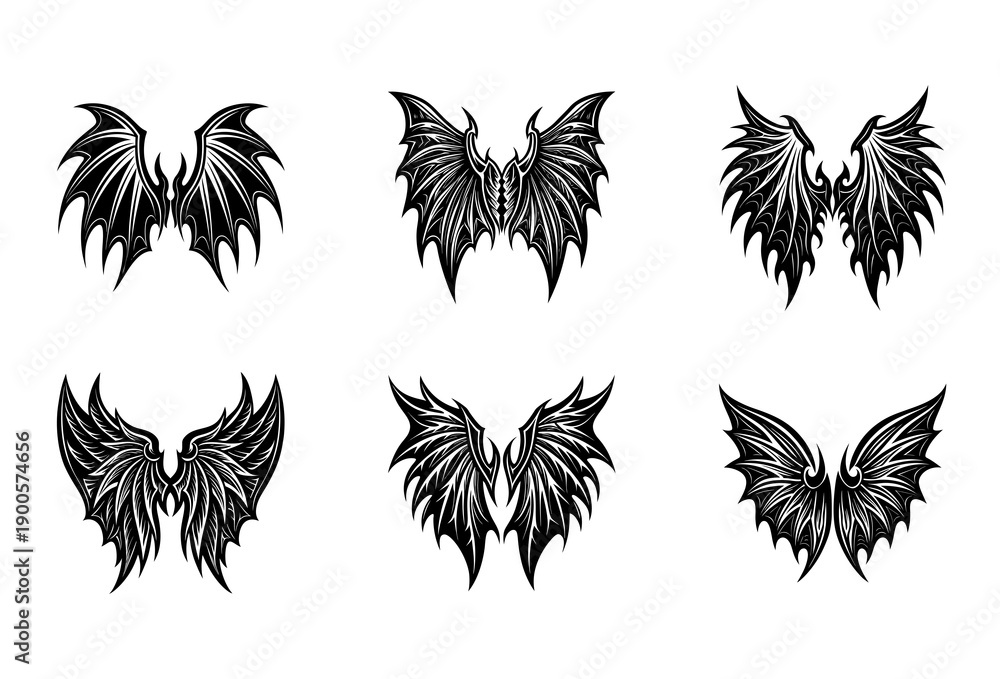 Obraz premium Collection of Six Stylized Black and White Wing Featuring Sharp Jagged Edges and Detailed Feather Patterns Arranged in a Two-Column Grid on a White Background Representing Fantasy Creatures and