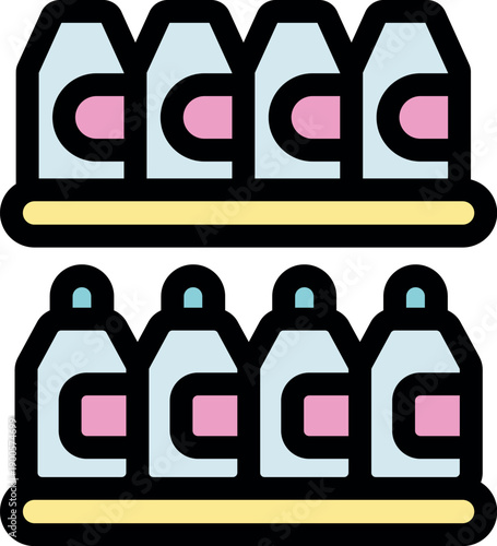 Supermarket shelves displaying various cleaning products in different packaging formats, highlighting organized product placement in retail