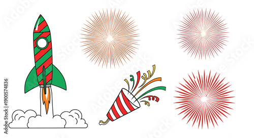 Exciting collection of celebratory fireworks and a festive rocket launch, alongside a party popper, perfect for new year or celebratory events.
