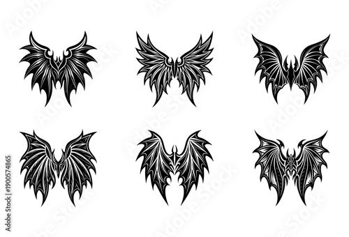 Set of Six Black Tribal Dragon and Bat Wings with Fierce Jagged Edges and Elaborate Feather Presented in a Two by Three Grid on a White Isolated Background for Tattoo and