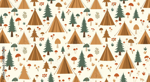 Charming seamless pattern featuring various camping tents, tall pine trees, and whimsical mushrooms, creating a rustic forest adventure background.