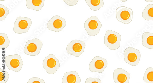 Playful seamless pattern featuring an array of perfectly cooked sunny-side-up fried eggs with bright yellow yolks, ideal for breakfast or food-themed designs.