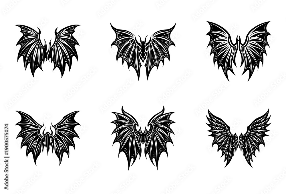 Obraz premium Six Diverse Black and White Stylized Wing Showcasing a Variety of from Spiky Bat Wings to Elaborate Feathered Wings with Intricate Detail and Sharp Edges Against a White Background for Use