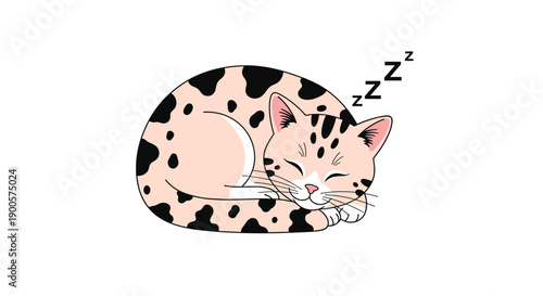 Adorable sleeping cat with unique spotted fur patterns is curled up peacefully, with 'Z' symbols indicating deep slumber.