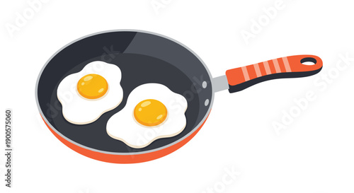 Two perfectly cooked sunny-side-up fried eggs sizzle in a red-handled frying pan, ready for a delicious breakfast.
