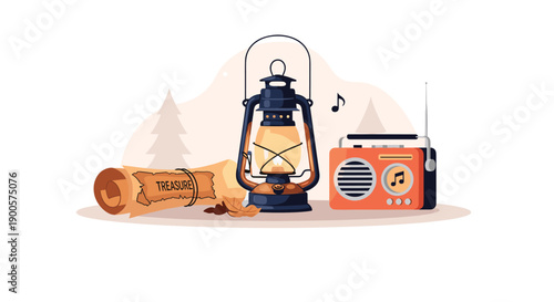 Adventurous collection of outdoor exploration items including a lit vintage lantern, a rolled treasure map, and a classic portable radio playing music.
