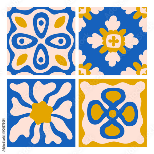 Floral Mediterranean Tile Seamless Patterns Set. Yellow Blue Abstract Geomantic Flower Shape Elements Background. Minimal Blossom Decor. Repeatable vector illustration in hand drawn style
