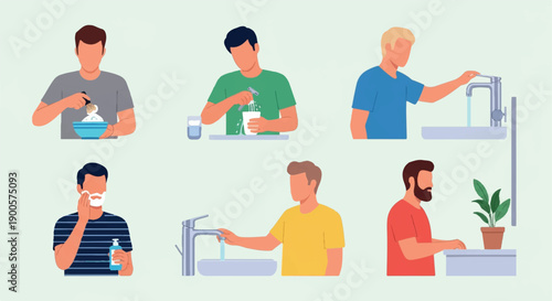 Men's grooming routine steps in flat style