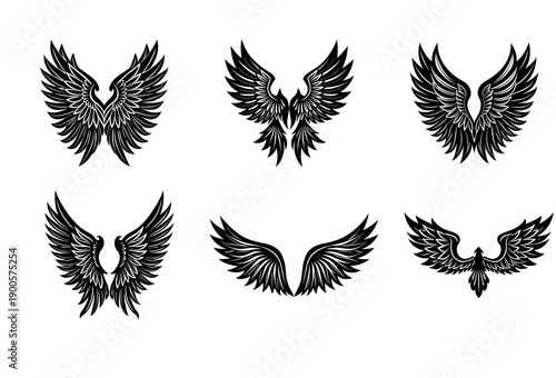 Set of Six Black Stylized Wing Featuring Feathered in Symmetrical Arrangements on a White Background, Emblems Tattoos and