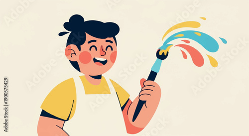 Child painting with colorful splashes