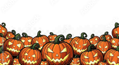 A large group of carved Halloween pumpkins with spooky faces are arranged closely together, filling the bottom of the frame.