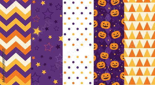 A collection of five Halloween-themed digital paper patterns featuring pumpkins, stars, polka dots, and chevron designs in purple, orange, and yellow.