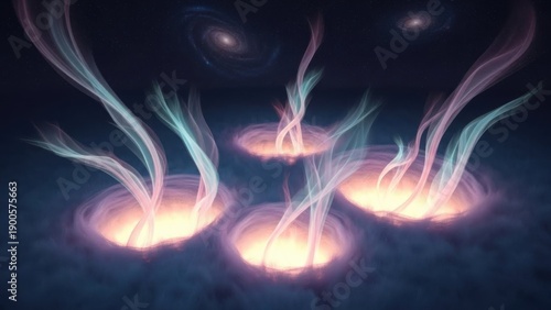 Futuristic abstract scene depicting glowing energy vortices emerging from dark cosmic environment