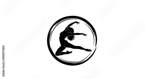 Silhouette of a dancer in mid-leap within a circular brushstroke frame, symbolizing movement and grace.