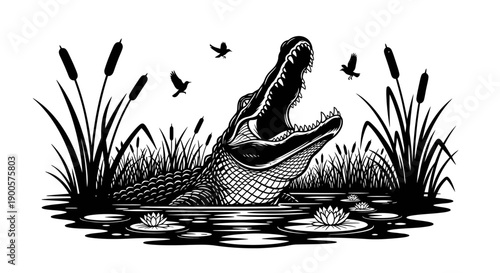 An alligator with its mouth wide open emerges from the water surrounded by reeds and lily pads, with birds flying overhead.
