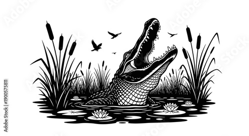 An illustration of an alligator emerging from murky water surrounded by cattails and lily pads with birds flying overhead.