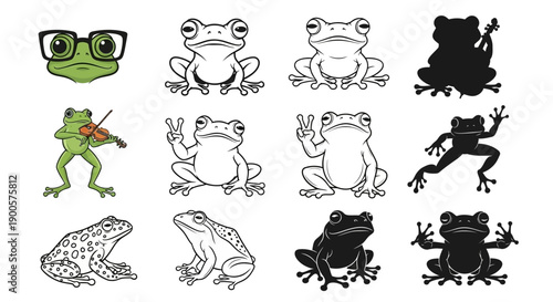 A collection of 12 diverse illustrations of frogs in various poses and styles, including cartoon, silhouette, and realistic depictions.