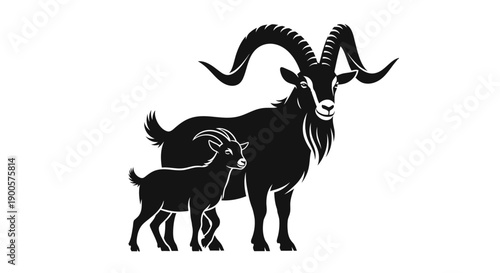 A striking black and white illustration of a majestic adult goat with large, curved horns standing beside a smaller, younger goat.