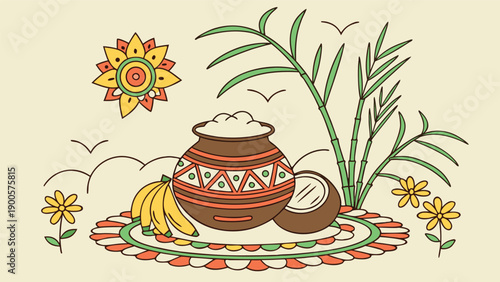 Traditional Pongal Festival Vector Illustration with Sugarcane Rangoli and Festive Elements