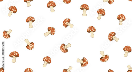 Charming seamless pattern of scattered cartoon fly agaric mushrooms with red caps and white spots, perfect for whimsical nature backgrounds.