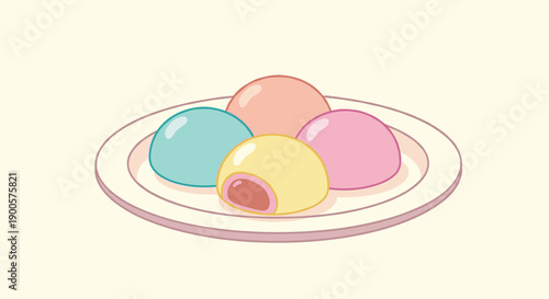 Colorful assortment of four delicate mochi desserts, with one cut open to reveal a sweet pink filling, beautifully arranged on a white plate.