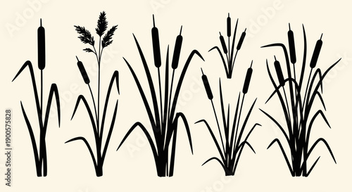 Collection of black silhouettes of various wetland plants, including cattails and reeds, against a light beige background.