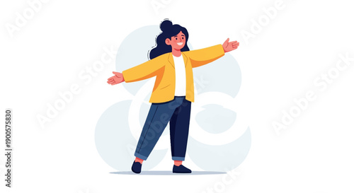 Smiling woman gesturing with arms outstretched