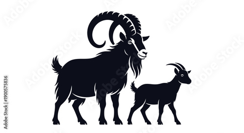 Silhouette of a large male goat with impressive horns standing next to a smaller goat.