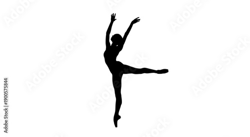 Silhouette of a ballet dancer performing an arabesque pose on a white background.