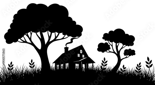 Silhouette of a rustic house nestled between two trees with smoke rising from the chimney, set against a white background with grass in the foreground.