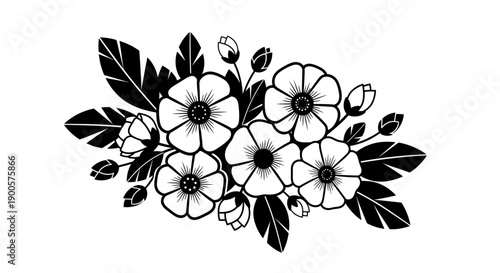 A beautiful black and white illustration of a floral arrangement with blooming flowers and leaves.