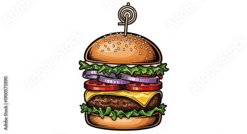 A tall, stacked hamburger with lettuce, tomato, onion, cheese, and a meat patty, secured with a skewer.