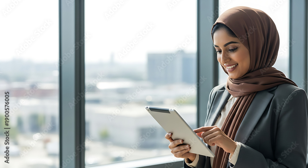 Fototapeta premium Woman in hijab looking at a tablet while enjoying a city view from a high-rise building