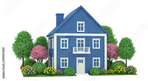 Blue House with Lush Green and Pink Landscaping