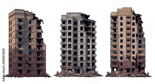Three damaged apartment buildings stand isolated against a white background, showcasing destruction and decay.