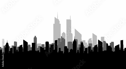 A stylized silhouette of a modern city skyline with varying heights of buildings against a white background.