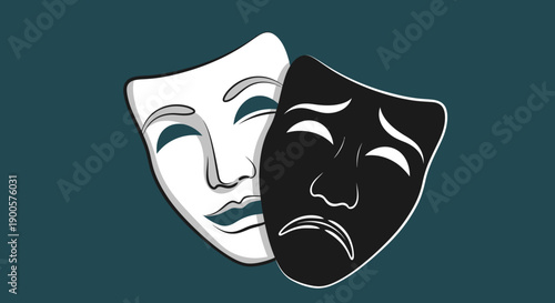 A stark illustration of contrasting emotions represented by two theatrical masks, one happy and one sad.