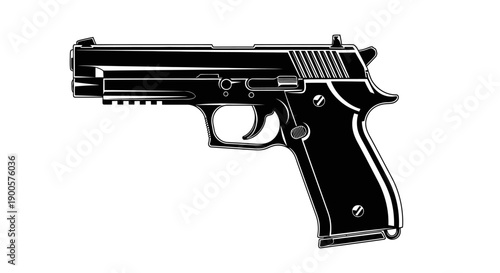 A detailed black and white illustration of a semi-automatic pistol with a white background.