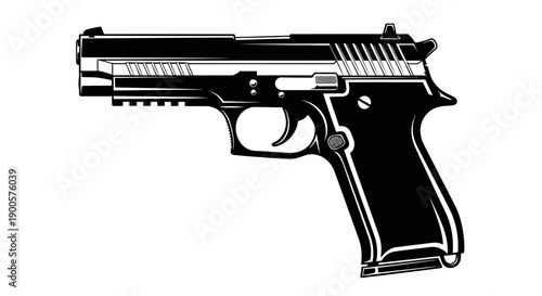 A detailed black and white illustration of a semi-automatic pistol with a metallic slide and black grip.