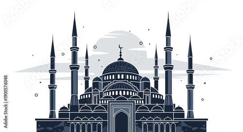 A detailed illustration of the majestic Blue Mosque with its iconic minarets and domes against a stylized sky.