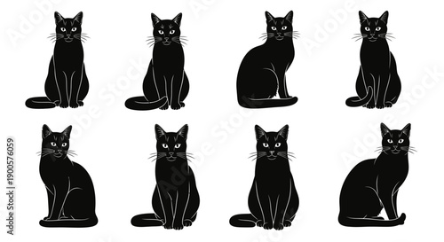 A collection of eight black cats sitting in various poses, showcasing their sleek fur and piercing eyes.
