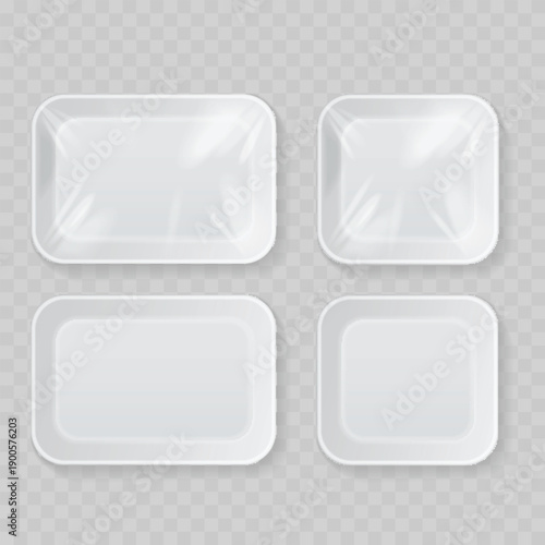 Realistic White Styrofoam Food Tray Set. Vector Rectangular and Square Containers with Plastic Wrap.